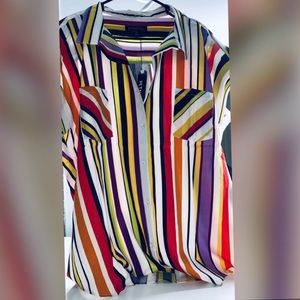 Women Woven Top Multi Striped Drop Shoulder Sleeve